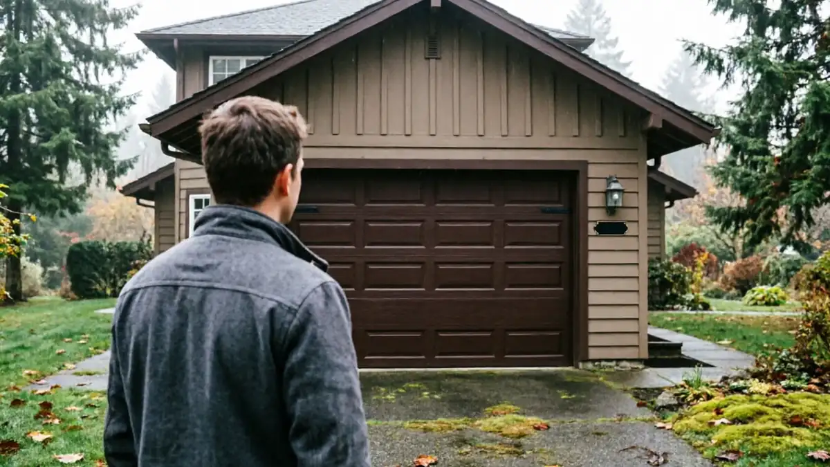 A person stands on a driveway looking at a brown garage door on a house.