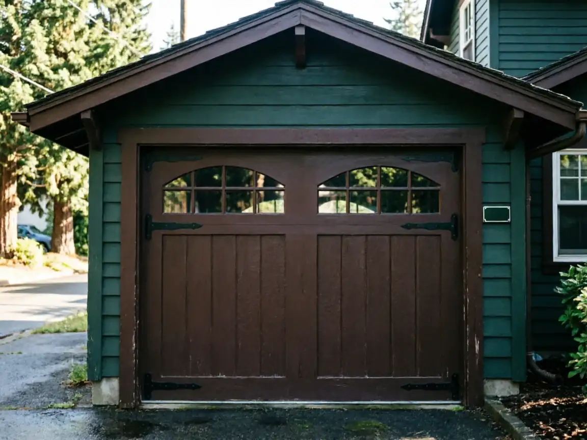 A brown garage door with arched windows is set in a green house.