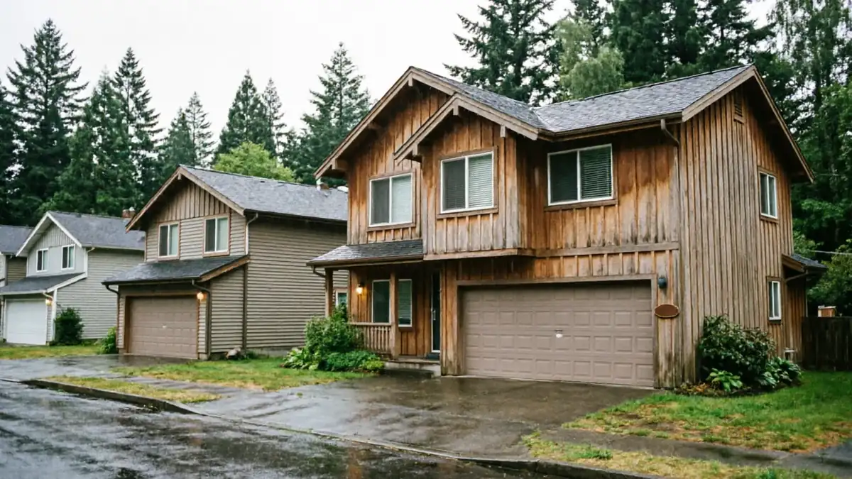 Three houses with garage doors are visible from a wet street.