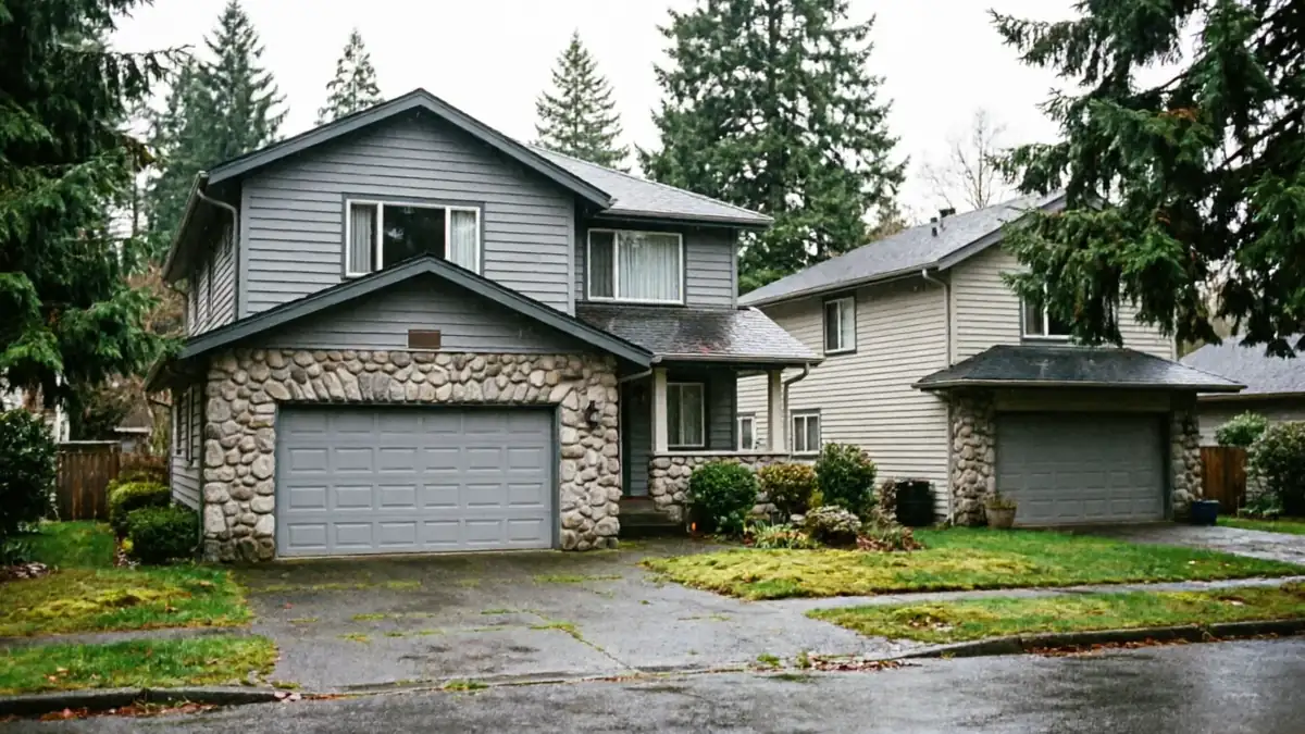 Two houses with gray garage doors are visible from the street.