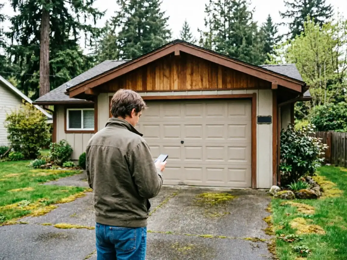 A man stands in a driveway looking at a tablet in front of a garage.