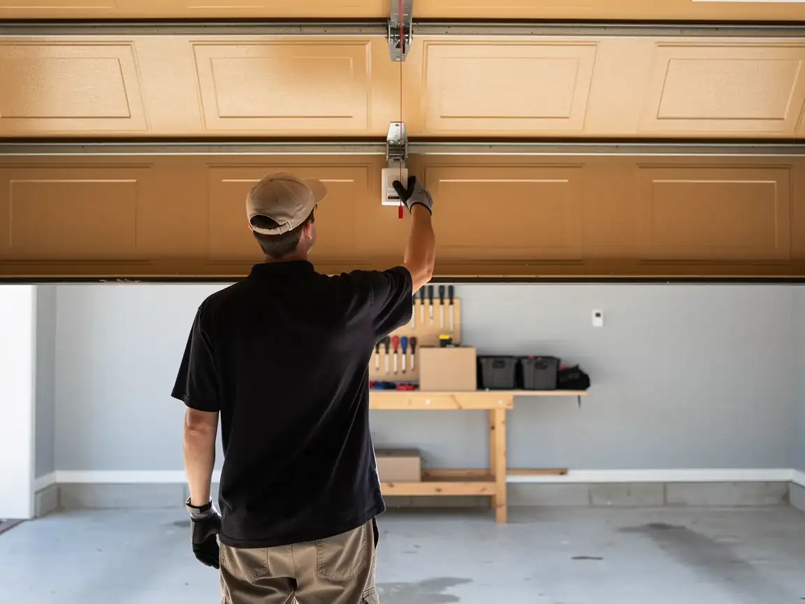 A technician in a cap and gloves adjusts a tan garage door.