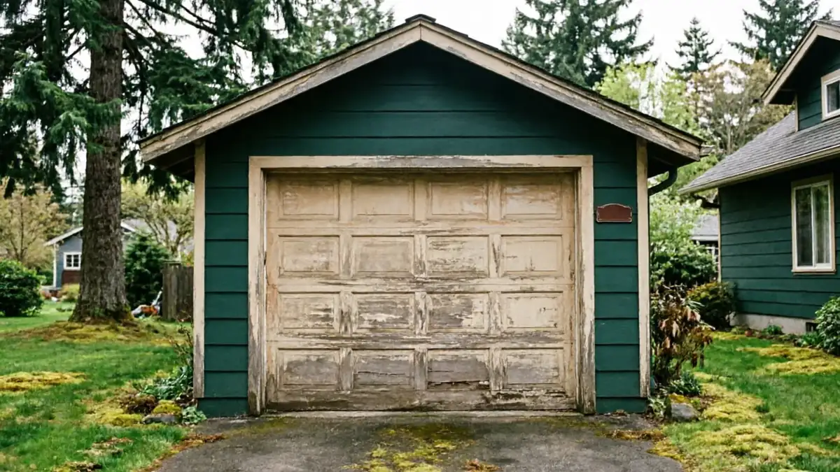 A detached garage with peeling paint on the door and green siding.